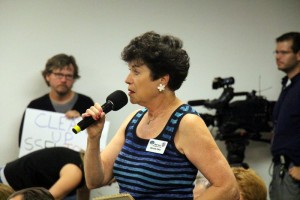 Bonnie Klea at 8 Sept 2015 meeting. "The Atomic Avenger" worked at SSFL and advocates for nuclear workers harmed by radiation.